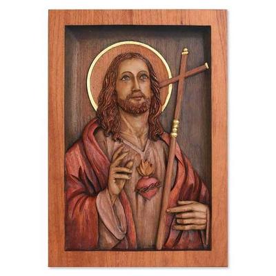 Jesus Sacred Heart,'Hand Made Christianity Wood Relief Panel'