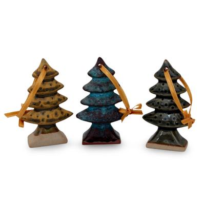 Winter Pines,'Celadon ceramic Christmas ornaments (Set of 3)'