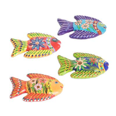 'Set of 4 Fish-Themed Hand-Painted Colorful Ceramic Magnets'