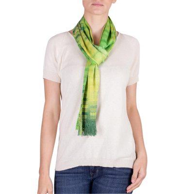 Evergreen,'Backstrap Rayon Handmade Scarf in Shades of Green'