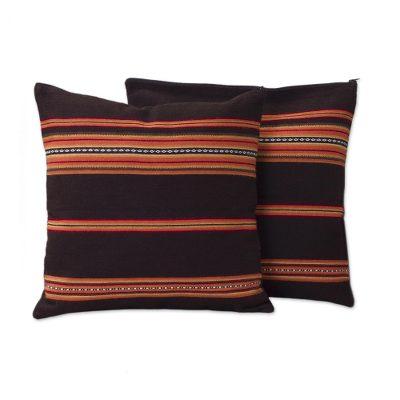 Quechua Girl,'Handwoven Brown and Orange Cushion Covers (Pair)'