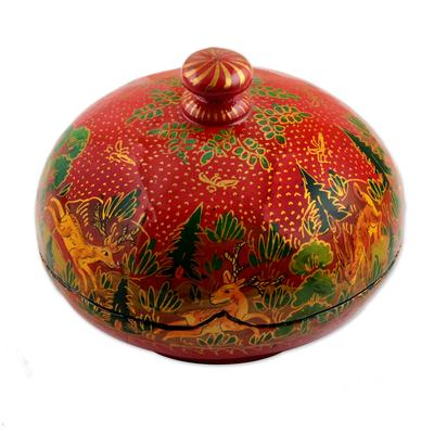 'Hand-Painted Red Papier Mache Decorative Box from India'