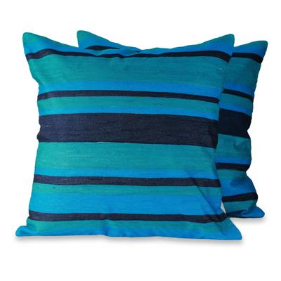 Embroidered cushion covers, 'Blue Streams' (pair)
