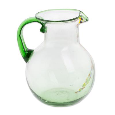 Conga Line,'Hand Blown Recycled Glass Clear Green Colorful Dots Pitcher'