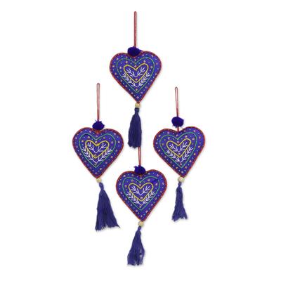 Blue Hearts,'Set of Four Blue Tassel Beaded Holida...