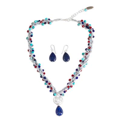 Colorful Exuberance,'Multi Gem Beaded Necklace and Earring Set from Mexico'