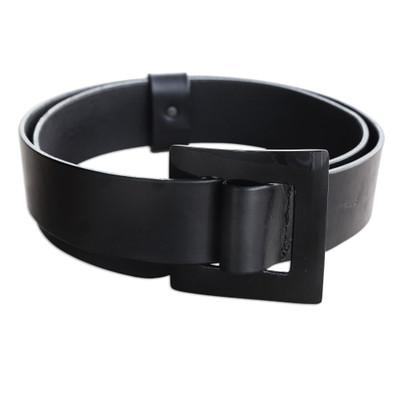 Distinct Squared,'Dark Black Leather Belt with Square Buckle from Ghana'