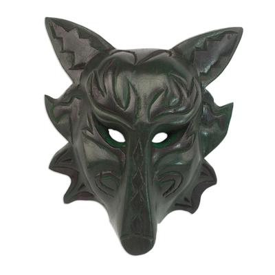 Forest Wolf,'Handcrafted Sese Wood Wolf Mask in Green from Ghana'