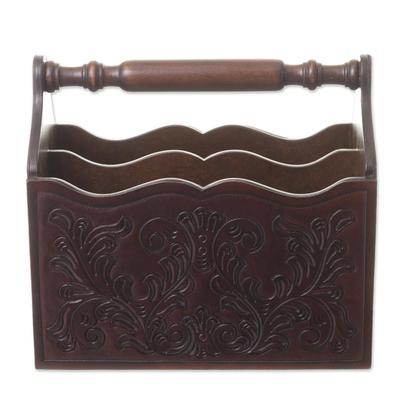 Colonial Vines,'Colonial Pattern Wood and Leather Magazine Rack from Peru'
