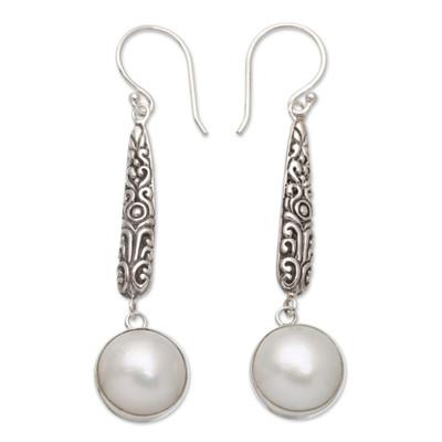Innocence and Balance,'Balinese Sterling Silver Dangle Earrings with Grey Pearls'