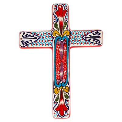 Red Lily,'Ceramic Wall Cross with Multicolored Motifs from Mexico'