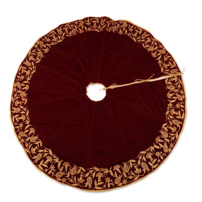 Silent Nights,'Embroidered Burgundy Velvet Holiday Tree Skirt'