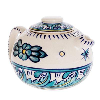 Bermuda,'Ceramic Artisan Crafted White and Turquoise Teapot'