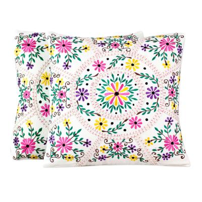 Cotton cushion covers, 'Floral Carousel' (pair)