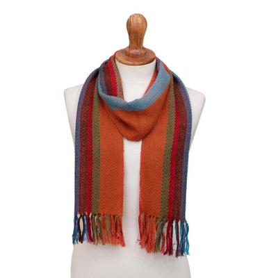 Sky Flame,'Scarlet and Multi-Color Stripe Handwoven 100% Alpaca Scarf'