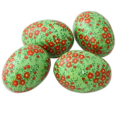 Blooming Buds,'Hand Crafted Papier Mache Eggs with Floral Motif (Set of 4)'