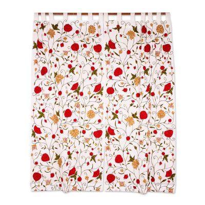 Floral Sunlight,'Aari Floral Embroidered Cotton Curtains from India (Pair)'