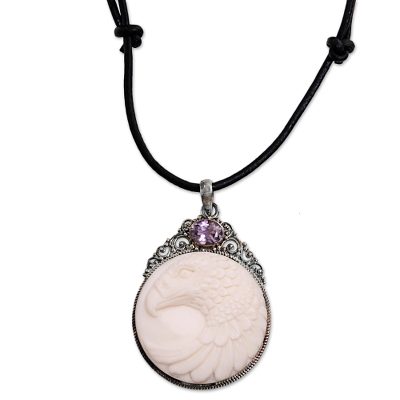 Watchful Eagle,'Bone and Amethyst Pendant Necklace Eagle from Indonesia'