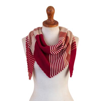 'Red & Salmon Cotton Blend Scarf Hand-Knit in Tria...