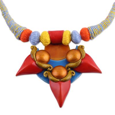 Shiva's Trident,'Colorful Ceramic and Cotton Pendant Necklace form India'