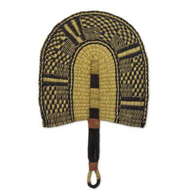 Savanna Comfort,'Handcrafted Leather Accent Raffia Fan from Ghana'