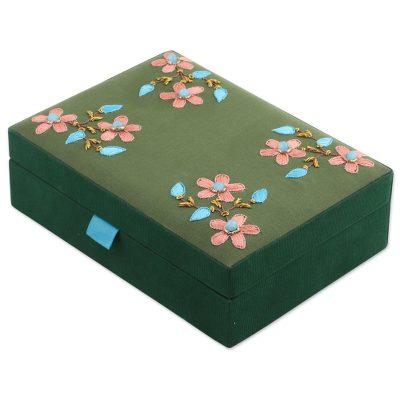 Floral Touch,'Beaded Cotton Jewelry Box in Olive and Viridian from India'