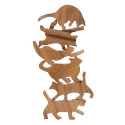 Ninja Cats,'Hand Carved Teak Wood Cat-Themed Stacking Game (6 Pieces)'