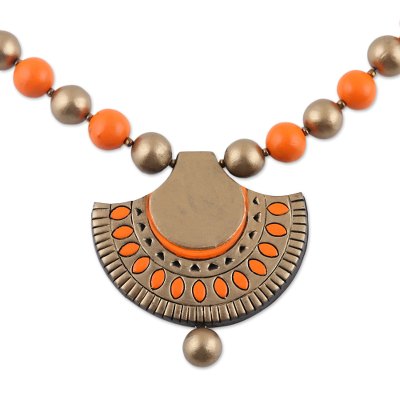 Ornate Fans,'Gold and Orange Ceramic Ornate Fan Beaded Pendant Necklace'