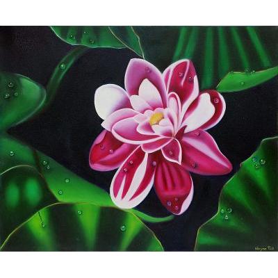 Floral Dew,'Signed Painting of a Pink Flower with Leaves from India'