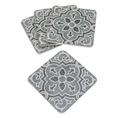 Ceremonial Ivy,'Set of 4 Handcrafted Classic Batik Cement Coasters in Green'