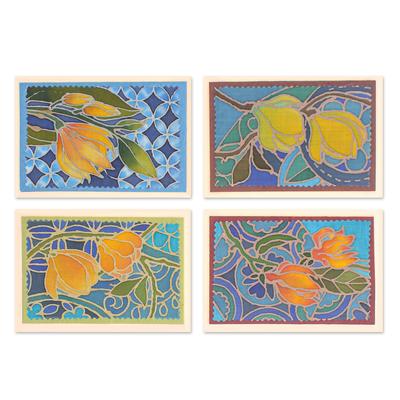 Flourishing Thailand,'Handcrafted Batik Floral Greeting Cards (Set of 4)'