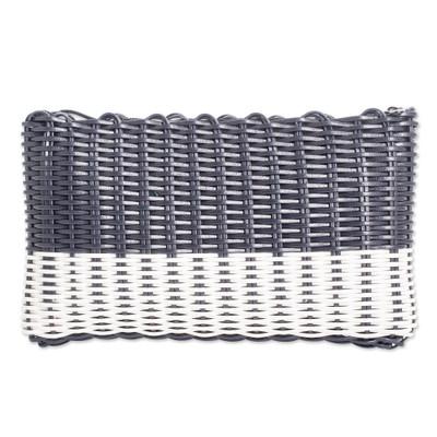 'Hand-Woven Recycled Vinyl Cord Cosmetic Bag in Blue & White'