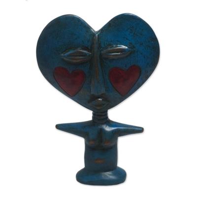 Blue Lover,'Handcrafted Sese Wood Fertility Doll in Blue from Ghana'