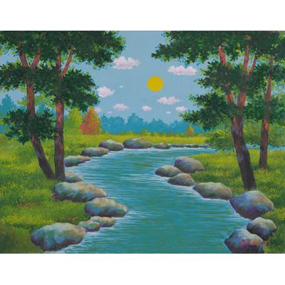 The Flowing Road,'Acrylic on Canvas Landscape Painting of River from Java'