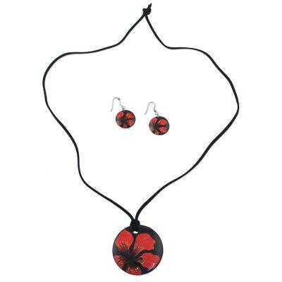 Floral Melody,'Handmade Red Floral Ceramic Necklace and Earring Set'