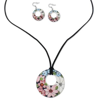 Harmonies and Blooms,'Ceramic Floral Pendant Necklace and Earrings Jewelry Set'