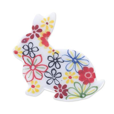 White Floral Rabbit,'Hand Painted White Rabbit Brooch Pin with Flowers'