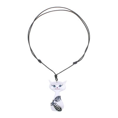Content Cat,'Ceramic Cat Pendant Necklace with Painted Fish Motifs'