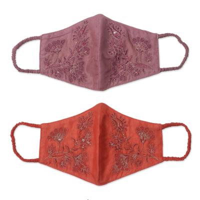 Balinese Glamour,'2 Beaded Embroidered Cotton Face Masks in Orange and Pink'