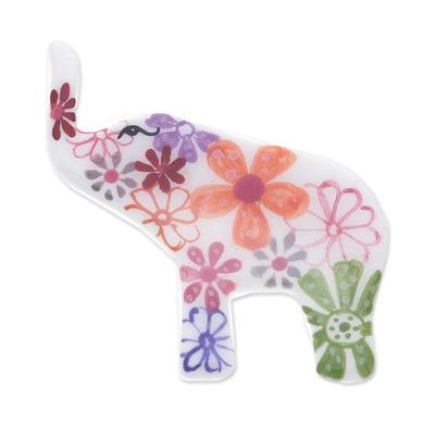 White Floral Elephant,'Hand Painted Elephant Brooch Pin with Flowers on White'