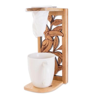 'Toucan-Themed Teak Wood Single-Serve Drip Coffee Stand'