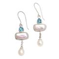 Pearl and blue topaz dangle earrings, 'Allegory'