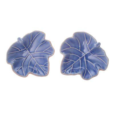 Ivy Gourd,'Leafy Blue Ceramic Appetizer Bowls from Thailand (Pair)'