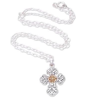 Cross of Blooms,'18k Gold Accented Sterling Silver Pendant Necklace from Bali'