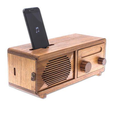 Vintage Radio,'Teak Wood Phone Speaker Shaped Like a Vintage Radio'