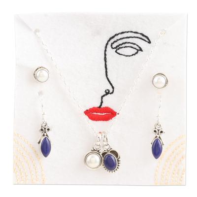 Ocean Treasure,'Handmade Cultured Pearl and Lapis Lazuli Jewelry Set'