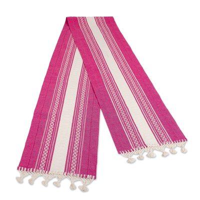 Oaxaca Azalea,'98 Inch Handwoven Fuchsia & Ivory Cotton Table Runner'