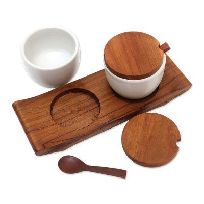 Flavor Duo in White,'Hand Made Ceramic and Teak Wood Condiment Set'