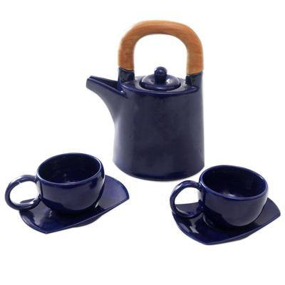 American Blue,'Blue Ceramic and Teak Wood Tea Set for Two (5 Pcs)'
