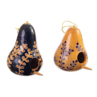 Natural Homes,'Set of 2 Leafy Painted Brown and Black Dried Gourd Ornaments'